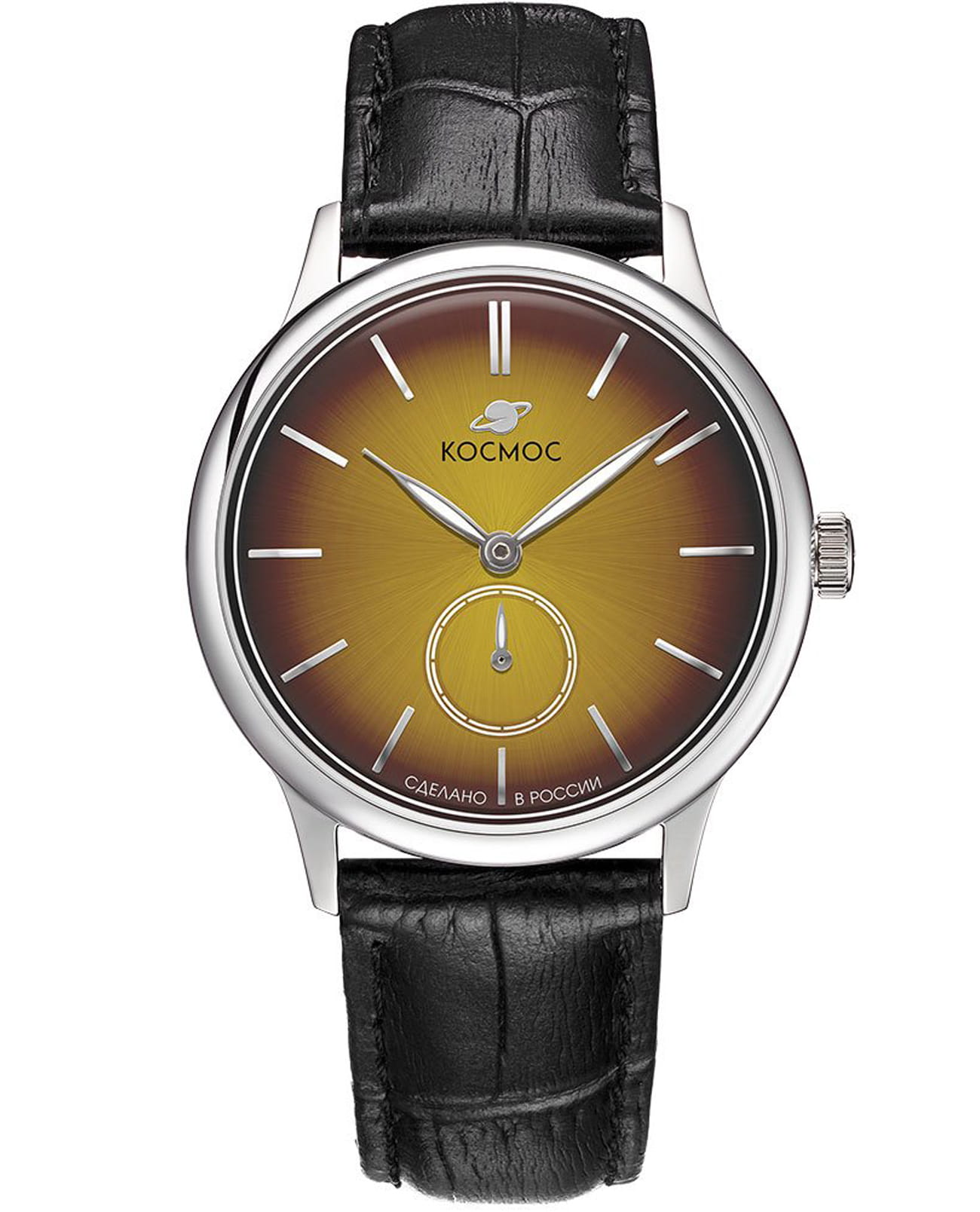 Космос Космос Сириус K 021.11.37  K 021.11.37 кварцевые мужские часы желтый циферблат, браслет кожаный — вид спереди